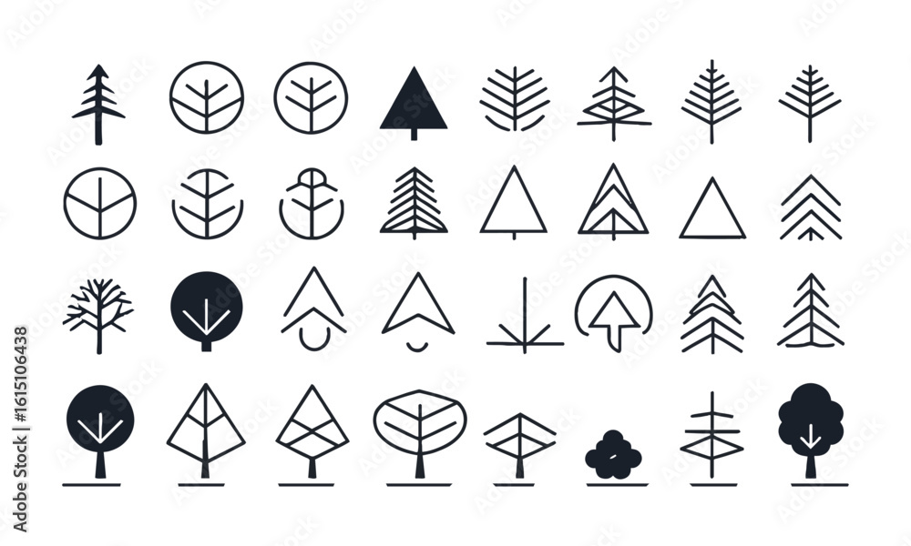 Poster modern vector illustration featuring a collection of minimalist tree icons, big set of minimal trees
