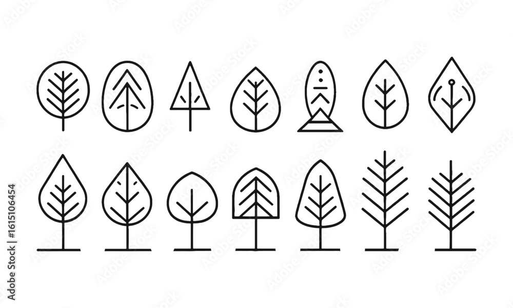 Poster modern vector illustration featuring a collection of minimalist tree icons, big set of minimal trees