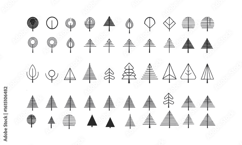 Poster modern vector illustration featuring a collection of minimalist tree icons, big set of minimal trees