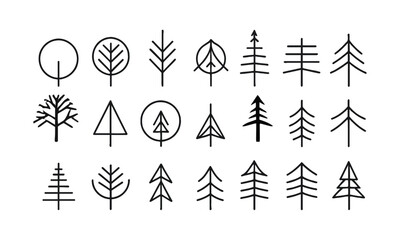 Modern vector illustration featuring a collection of minimalist tree icons, Big set of minimal trees linear icons, easily editable.