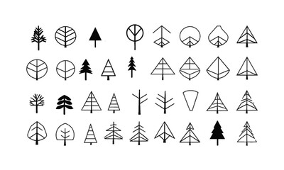 Modern vector illustration featuring a collection of minimalist tree icons, Big set of minimal trees linear icons, easily editable.