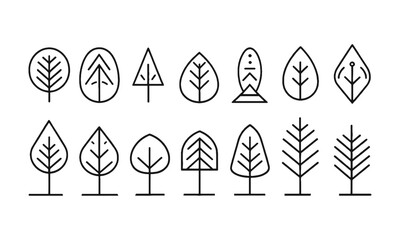 Modern vector illustration featuring a collection of minimalist tree icons, Big set of minimal trees linear icons, easily editable.