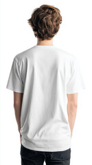 Mockup of a plain white T-shirt shown from the back, ideal for showcasing custom designs, logos, or branding. Perfect for fashion presentations or e-commerce.