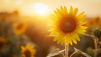 Obraz premium sunflower is a beautiful sunny flower in the rays of the sun on an agricultural field close-up