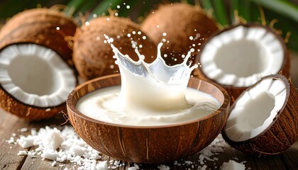 Creamy coconut milk splashing into a natural coconut bowl, surrounded by halved coconuts and shredded coconut. Fresh, organic, tropical food concept.