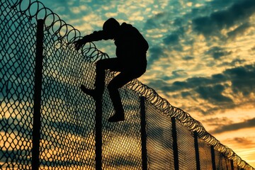 Silhouette of man climbing border fence