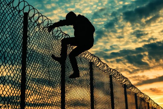 Silhouette of man climbing border fence