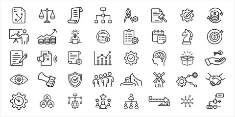Collection of hand drawn business and finance icons in a grid layout