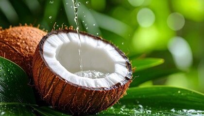 Fresh coconut half with pure coconut water pouring inside, placed on green tropical leaves. Natural, hydrating, and exotic summer concept.