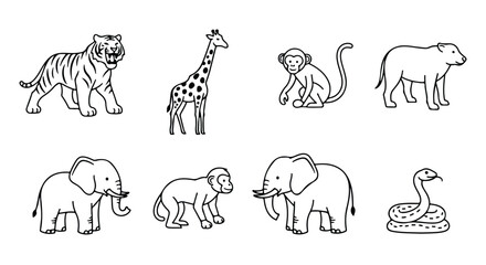 Vector silhouette illustration a charming illustration featuring a giraffe, two monkeys, and an elephant in outline style