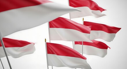 Dynamic Red and White Indonesian Flags Waving, Symbolizing National Unity and Pride