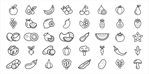 Collection of hand drawn fruit and vegetable icons in a simple line art style