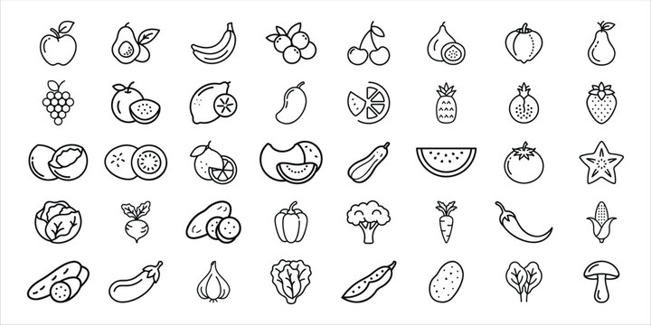 Naklejki Collection of hand drawn fruit and vegetable icons in a simple line art style