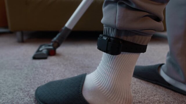 Cropped closeup slowmo of unrecognizable man under house arrest wearing electronic monitoring ankle bracelet vacuuming floor in living room