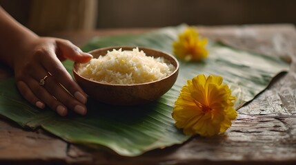 A bowl of rice placed on a banana leaf with yellow flowers beside it. The setting reflects the traditional Onam Sadya feast in Kerala, India.