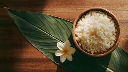 A bowl of rice placed on a banana leaf with a plumeria flower. The setting reflects traditional Onam celebrations in Kerala, India.