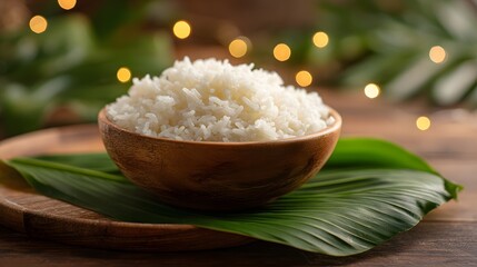A bowl of white rice placed on a banana leaf. The background features soft bokeh lights, creating a festive atmosphere. This scene represents the Onam festival in Kerala, India.