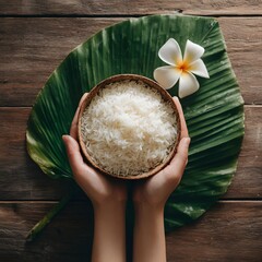 A pair of hands holds a bowl of white rice on a large banana leaf. A plumeria flower is placed nearby. The scene represents the traditional Onam Sadya feast in Kerala, India.