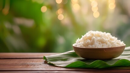 A bowl of white rice placed on a banana leaf. The background features blurred greenery, creating a festive atmosphere for Onam celebrations in Kerala, India.