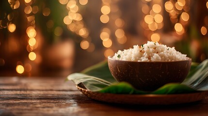 A bowl of rice served on a banana leaf, traditional Sadya meal for Onam festival in Kerala, India. Warm lighting creates a festive atmosphere.