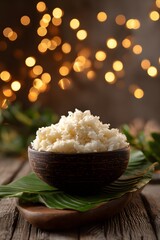 A bowl of rice served on a banana leaf, traditional Sadya meal for Onam festival in Kerala, India. Soft focus background with warm bokeh lights.