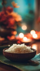 A bowl of white rice served on a banana leaf during Onam festival in Kerala, India. Soft lighting creates a warm atmosphere with decorative elements in the background.