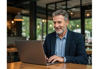 Mature man with gray hair and beard smiling while typing on a laptop in a well lit cafe environment