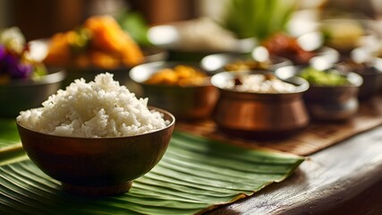Traditional Onam Sadya served on a banana leaf. A bowl of white rice is in the foreground, surrounded by various colorful dishes in metal bowls.