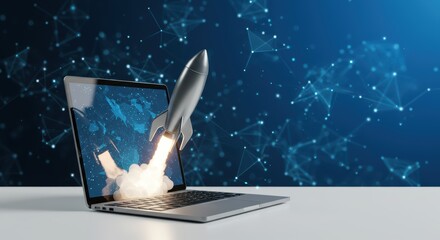 Digital Transformation Accelerates Business Growth With a Rocket Launching from a Laptop Screen Against a Futuristic Network Background