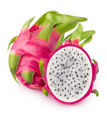 Whole and a half of white fleshed pitahaya fruits isolated on white background