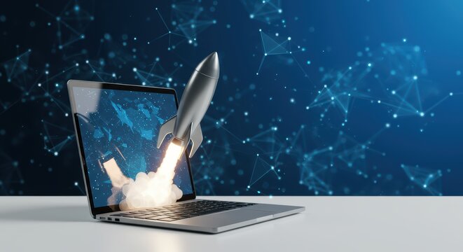 Digital Transformation Accelerates Business Growth With a Rocket Launching from a Laptop Screen Against a Futuristic Network Background