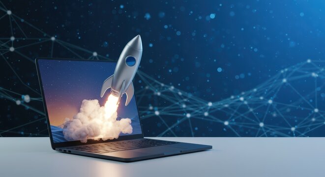 Digital Transformation Rocket Launching from Laptop Symbolizing Rapid Business Growth and Innovation