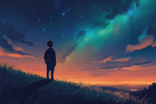 Boy Gazing At Starry Sky standing hill - Powered by Adobe