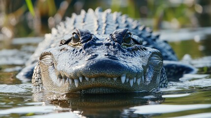 Alligator's intense stare captured in a serene wetland, facing the viewer