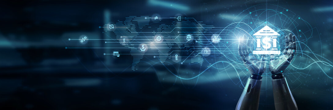 Hand of robot holding banking operations hub, digital finance transactions, compliance security risk management mobile banking authentication ledger innovation, and payment system.