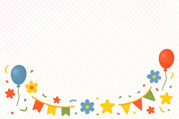 AI-generated colorful party border with balloons, flowers, confetti and bunting on a transparent background.