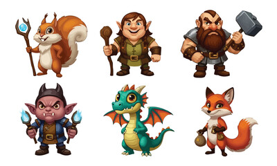 A collection of cute 2D cartoon character designs, with flat vector colors and transparent backgrounds.