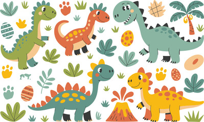Obraz premium Colorful cartoon dinosaurs and prehistoric elements Keywords: dinosaur, cartoon, cute