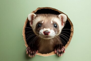 Sneaky ferret peeking curiously from hole