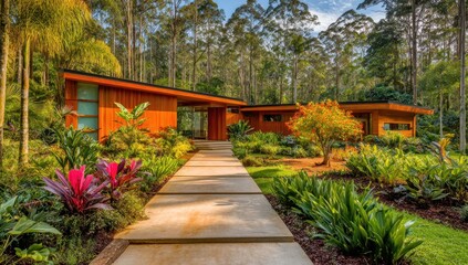 Modern house blends into the lush forest. A concrete path leads to the house, surrounded by colorful tropical plants. Trees tower above