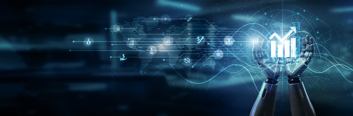 Hand of robot holding investment portfolio tracker, stock analysis ROI forecasting risk diversification planning market intelligence digital tools, and financial strategy.