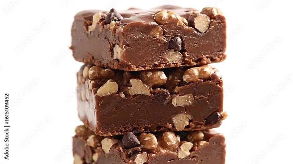 Poster a stack of three squarecut fudge pieces is shown each topped with walnuts and chocolate chips
