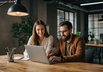Focused colleagues collaborating on a laptop project in a modern workspace with warm lighting and greenery