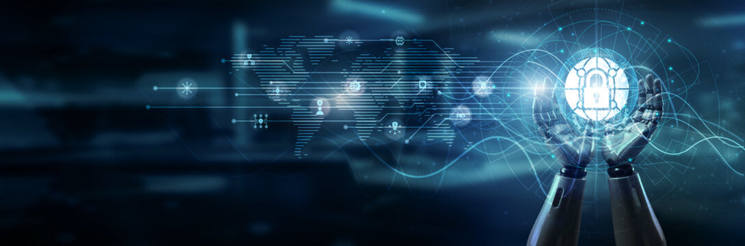 Hand of robot holding network security dashboard, firewall intrusion detection encryption threat prevention compliance access control data protection monitoring cybersecurity.