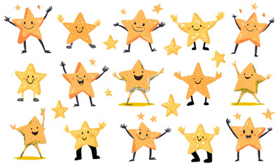 Cute star character set. vector illustration doodle linocut style
