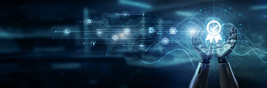 Hand of robot holding recommendation engine, personalized suggestions machine learning user behavior optimization relevance ranking AI-driven insights engagement automation filtering.