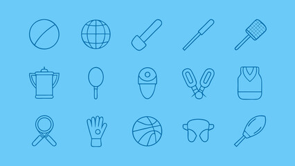 Collection of sports and athletic activity equipment in a minimalist line art vector icon set.
