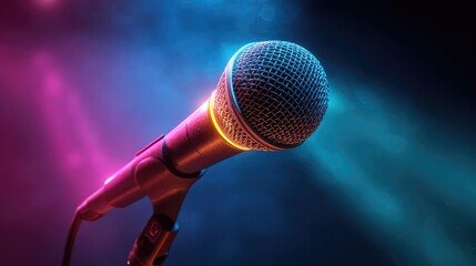 Obraz premium Stage microphone glowing under vibrant lights, capturing the essence of live performance energy