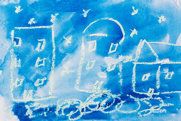 City houses in blue. Real drawing of a small child. Drawing by pencil.