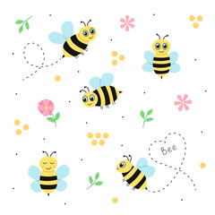Cute cartoon bees set. Hand drawn illustration of bees and flowers. Vector illustration of insects on a white background.